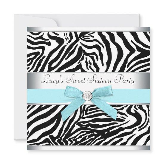 Teal Blue Zebra Sweet Sixteen Birthday Party Invit