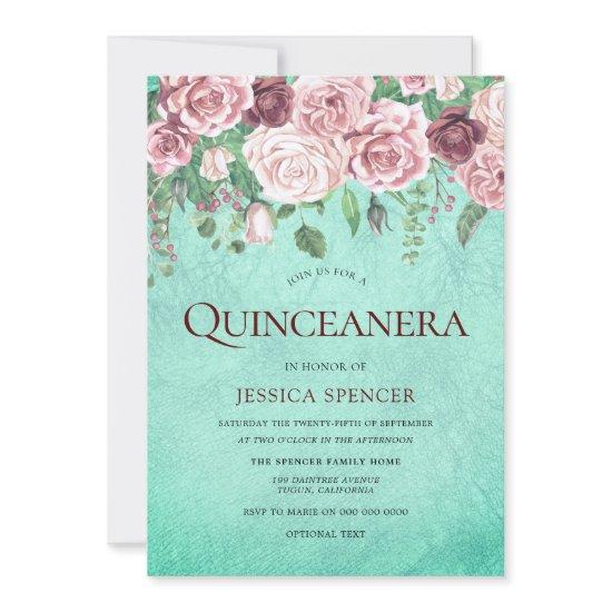 Teal Burgundy & Blush Quinceanera Party Invite