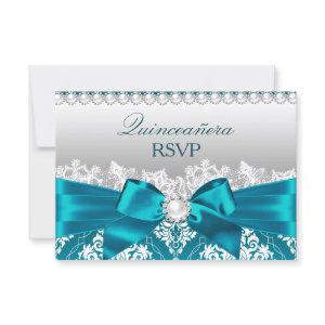 Teal Damask Pearl Bow Quinceanera RSVP