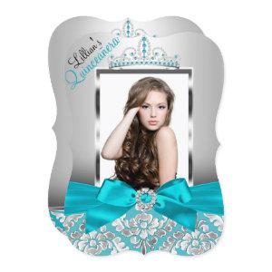 Teal Damask Tiara Photo Quinceanera Invite