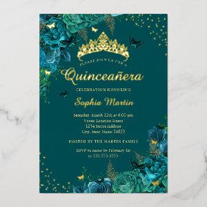 Teal Elegant Floral Butterfly Quinceanera  Foil