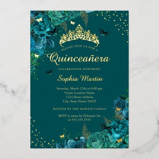 Teal Elegant Floral Butterfly Quinceanera  Foil