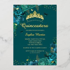 Teal Elegant Floral Butterfly Quinceanera  Foil