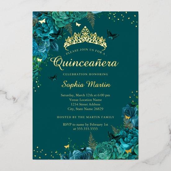 Teal Elegant Floral Butterfly Quinceanera  Foil