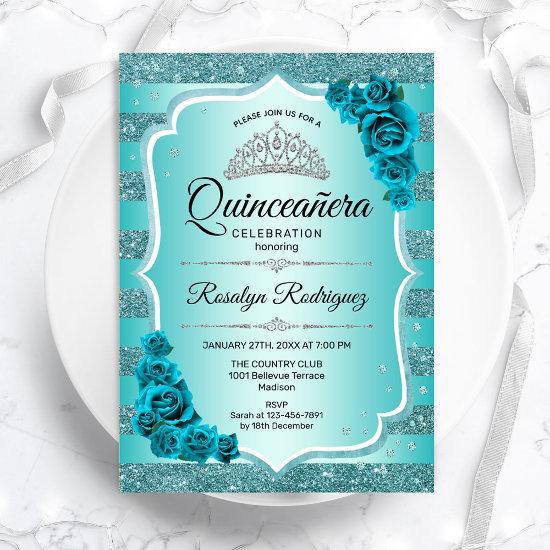 Teal Elegant Floral Quinceanera