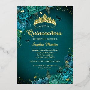 Teal Elegant Floral Vibrant Butterfly Quinceanera  Foil