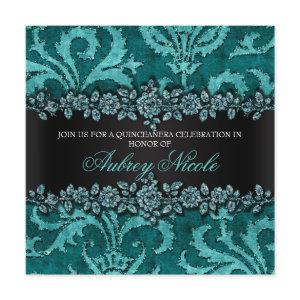 Teal Faux Glitter & Velvet Floral Quinceanera