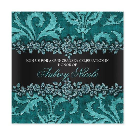 Teal Faux Glitter & Velvet Floral Quinceanera