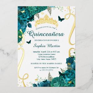 Teal Floral Butterfly Elegant Quinceanera  Foil