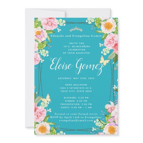 Teal Floral Butterfly Quinceanera