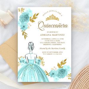 Teal Floral Dress Princess Gold Quinceanera
