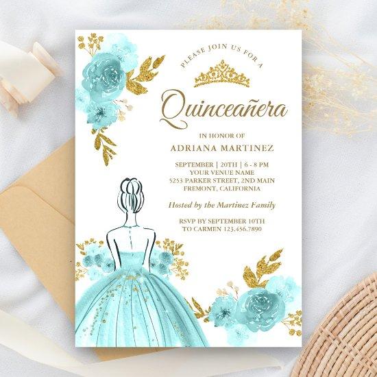 Teal Floral Dress Princess Gold Quinceanera