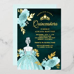 Teal Floral Dress Princess Green Quinceanera Gold Foil