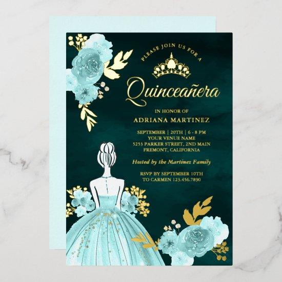 Teal Floral Dress Princess Green Quinceanera Gold Foil