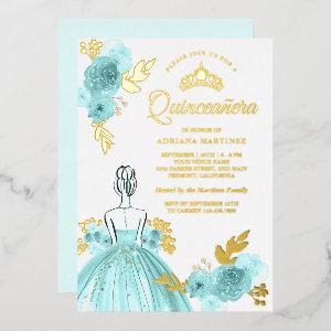 Teal Floral Dress Princess Quinceanera Gold Foil