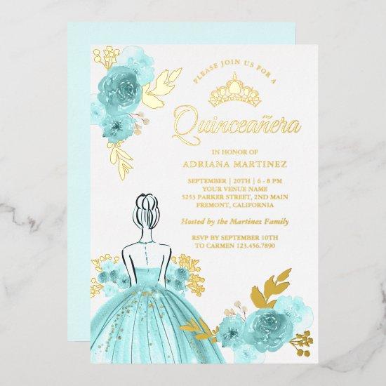 Teal Floral Dress Princess Quinceanera Gold Foil