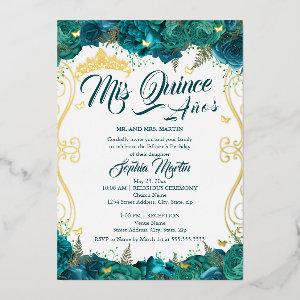 Teal Floral Scroll Mis Quince Quinceanera  Foil