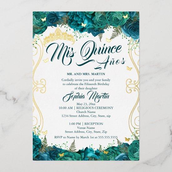 Teal Floral Scroll Mis Quince Quinceanera  Foil