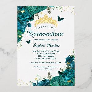Teal Flower Butterfly Elegant Quinceanera  Foil