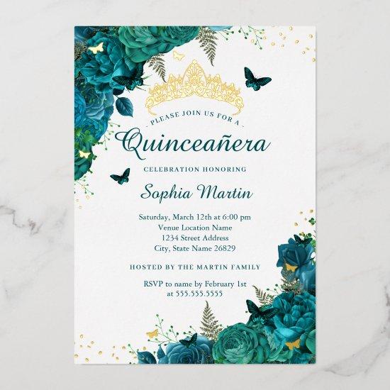 Teal Flower Butterfly Elegant Quinceanera  Foil