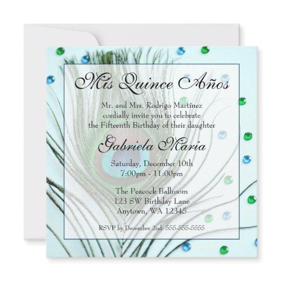 Teal Glam Peacock Feather Quinceanera Birthday