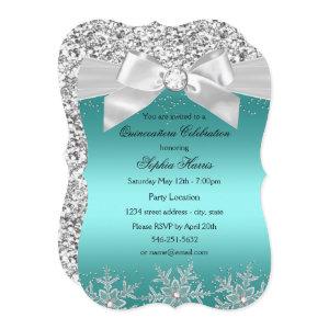 Teal Glitter Jewel Bow Snowflake Quinceanera
