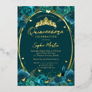 Teal Gold Captivating Floral Butterfly Quinceanera Foil