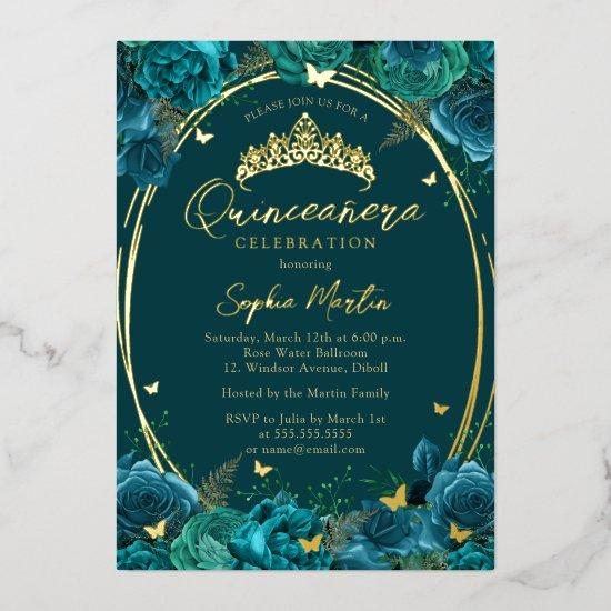 Teal Gold Captivating Floral Butterfly Quinceanera Foil