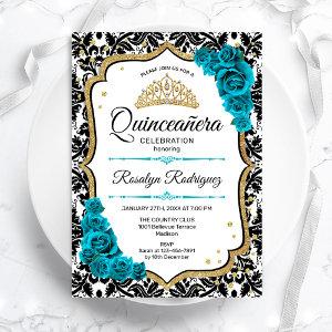 Teal Gold Elegant Damask Quinceanera