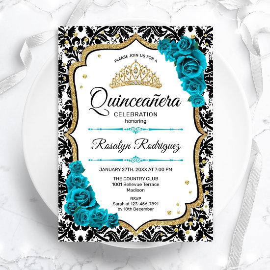 Teal Gold Elegant Damask Quinceanera