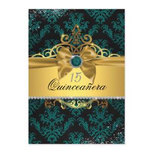 Teal Gold Elegant Damask Quinceanera Invite