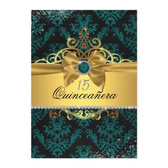Teal Gold Elegant Damask Quinceanera Invite