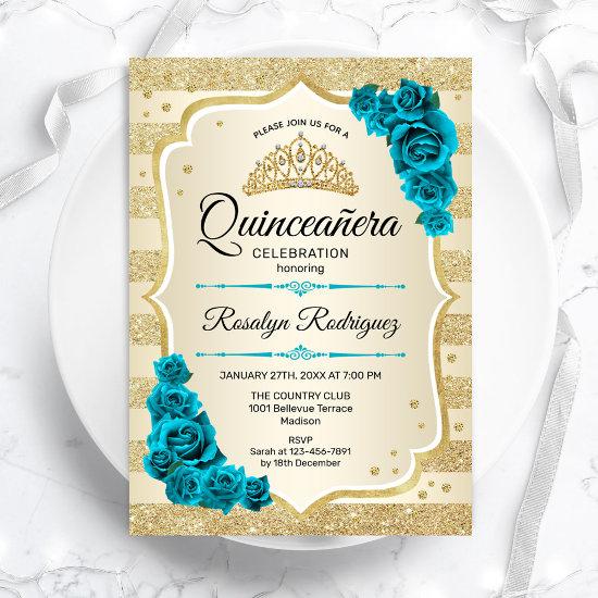Teal Gold Elegant Floral Quinceanera