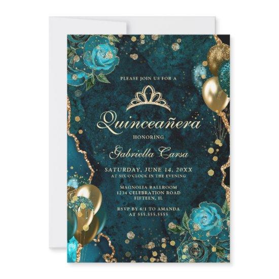 Teal Gold Floral Agate Photo Quinceanera