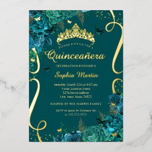 Teal Gold Floral Butterfly Elegant Quinceanera  Foil
