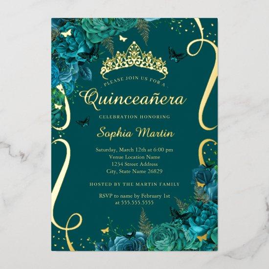 Teal Gold Floral Butterfly Elegant Quinceanera  Foil