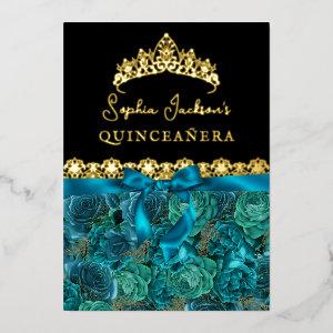 Teal Gold Floral Rose Quinceanera Foil