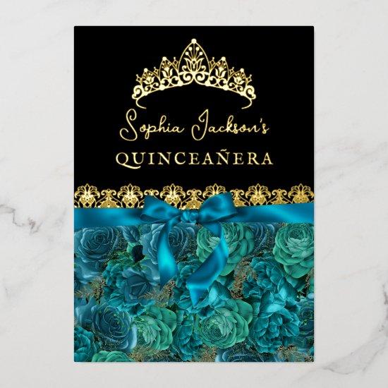 Teal Gold Floral Rose Quinceanera Foil