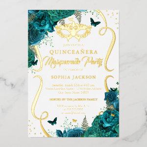 Teal Gold Floral Scroll Masquerade Quinceanera Foil