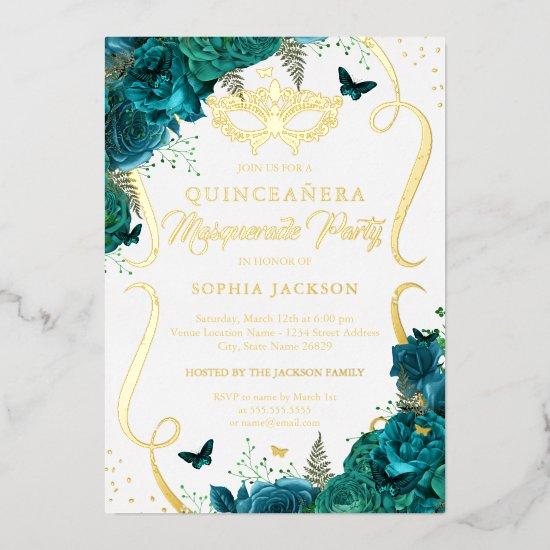 Teal Gold Floral Scroll Masquerade Quinceanera Foil