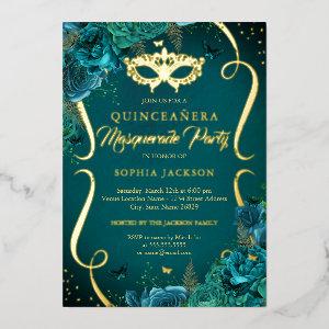 Teal Gold Floral Scroll Masquerade Quinceanera Foil
