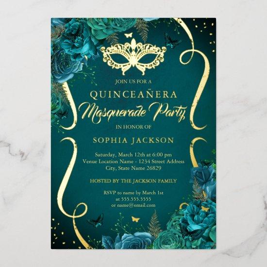 Teal Gold Floral Scroll Masquerade Quinceanera Foil
