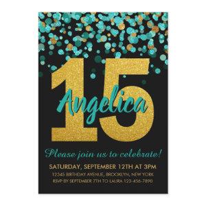 Teal Gold Glitter Confetti Quinceañera 15 Birthday