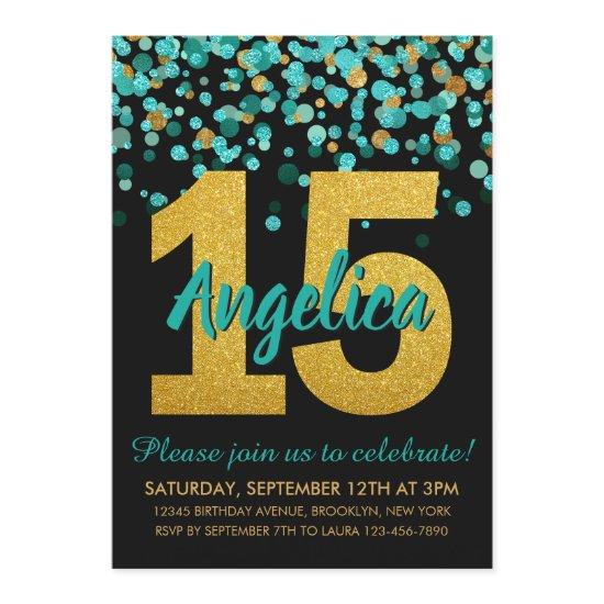 Teal Gold Glitter Confetti Quinceañera 15 Birthday