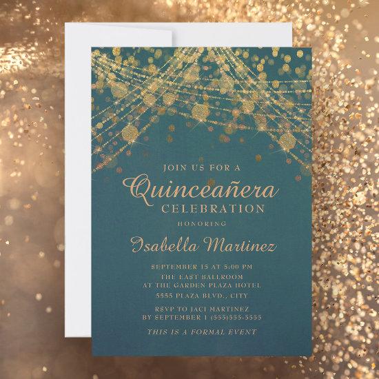 Teal Gold Glitter String Lights Quinceañera