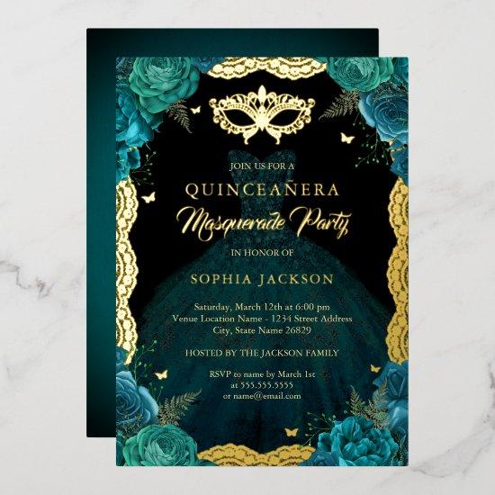 Teal Gold Masquerade Party Dress Quinceanera Foil