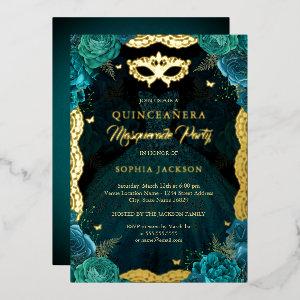 Teal Gold Masquerade Party Rose Dress Quinceanera Foil