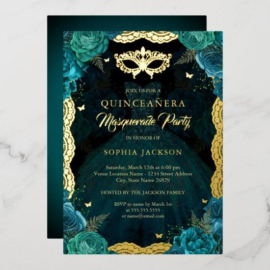 Teal Gold Masquerade Party Rose Dress Quinceanera Foil
