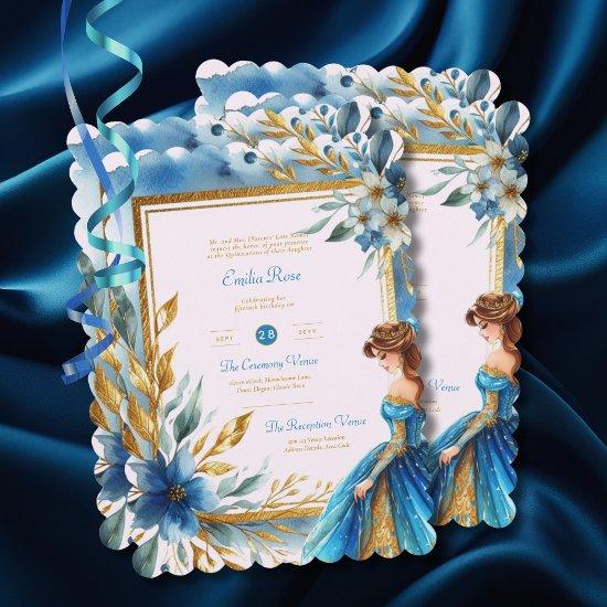 Teal Gold Quinceanera Dress Ceremony Reception
