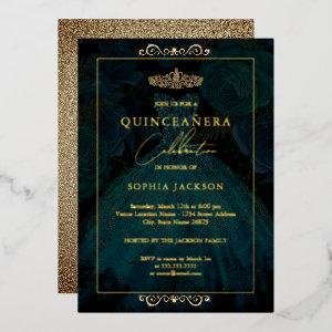 Teal Gold Rose Dress Quinceanera Foil